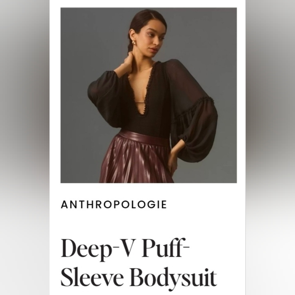 Anthropologie *Rare* Black Deep V Puff Sleeve Ruffle Bodysuit SM *Discontinued*